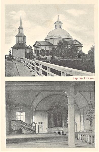 Lapua, kirkko ulkoa ja sisÃ¤ltÃ¤.
Kuvassa kirkko ulkoa ja sisÃ¤ltÃ¤ nÃ¤kyy saarnastuoli ja alttari ym. Kortti on postitettu7.8.1915, osoitettu Rouva Elvira Nordberg, Tornio. "K mamma! Kortet har jag fÃ¥tt i dag. Kommer pÃ¥ onsdagen. Hilja kommer ju pÃ¥ andra klass och jag is ej kÃ¶pa sÃ¥dan biljett. HÃ¤lsningar, Ilmari"
